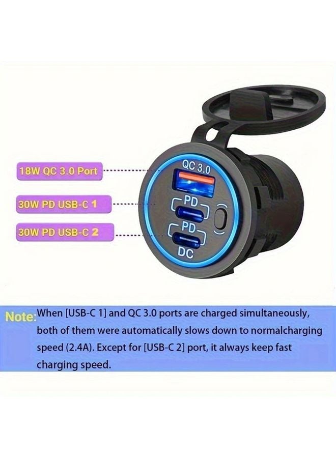 شاحن سيارة سريع 60 واط ضوء أخضر مع منفذ USB C PD ومنفذي QC3.0 مزدوجين، مفتاح لمس، هيكل ألومنيوم، يشمل كابل وصمام حماية. - Image 1